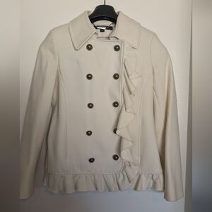 DKNY cream double-breasted wool pea coat featuring a distinctive ruffle trim 6